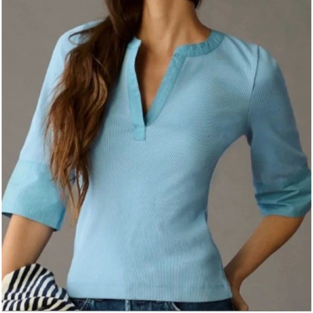 Maeve Anthropologie Women's Sky Blue Ribbed Cuffed Sleeve Popover Shirt Sz Small